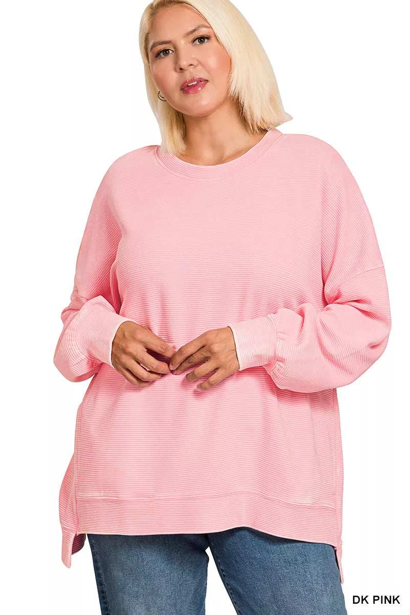 Zenana Full Size Acid Washed Double Ribbed Hi-low Sweatshirt Plus Size - Trendsi - Flyclothing LLC