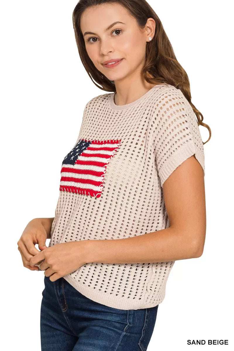 Zenana Viscose American Flag Openwork Knit Top - Trendsi - Flyclothing LLC