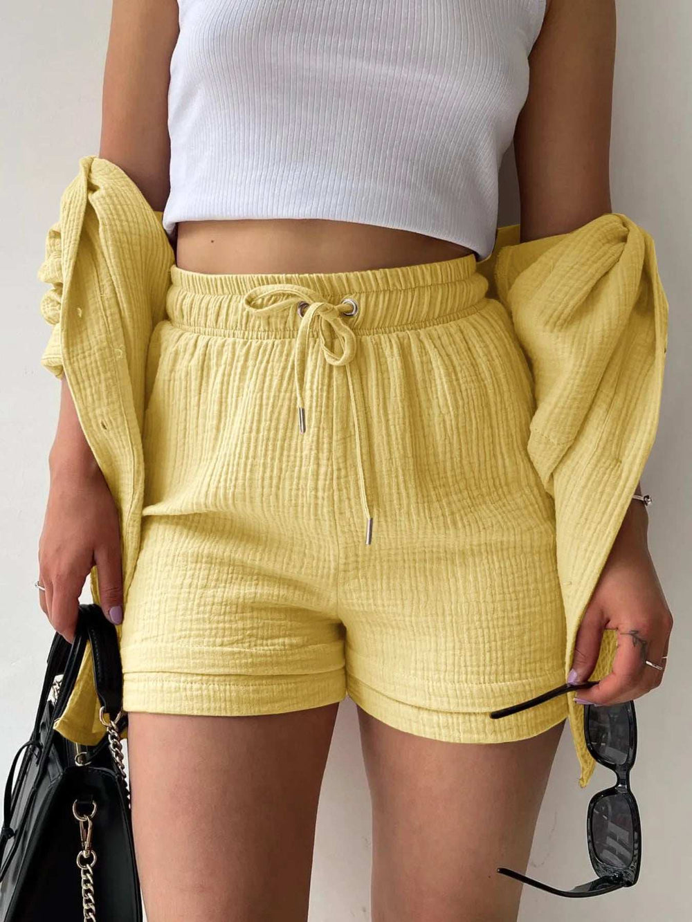 Textured Button Up Shirt and Shorts Set - Trendsi - Flyclothing LLC