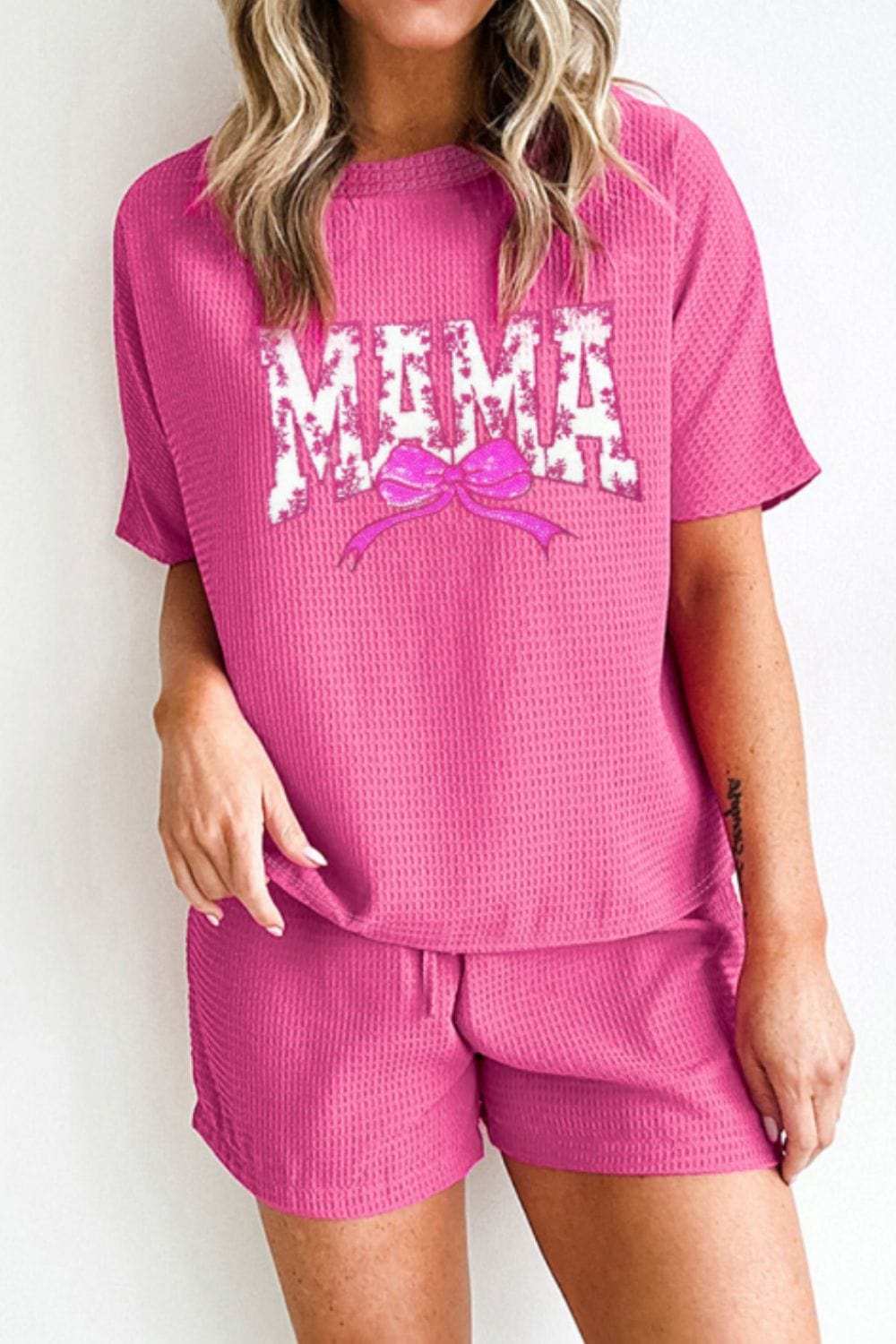 Waffle Sequin Floral MAMA Bow Graphic Top and Shorts Set - Trendsi - Flyclothing LLC