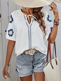 Embroidered Tie Neck Puff Sleeve Blouse - Trendsi - Flyclothing LLC