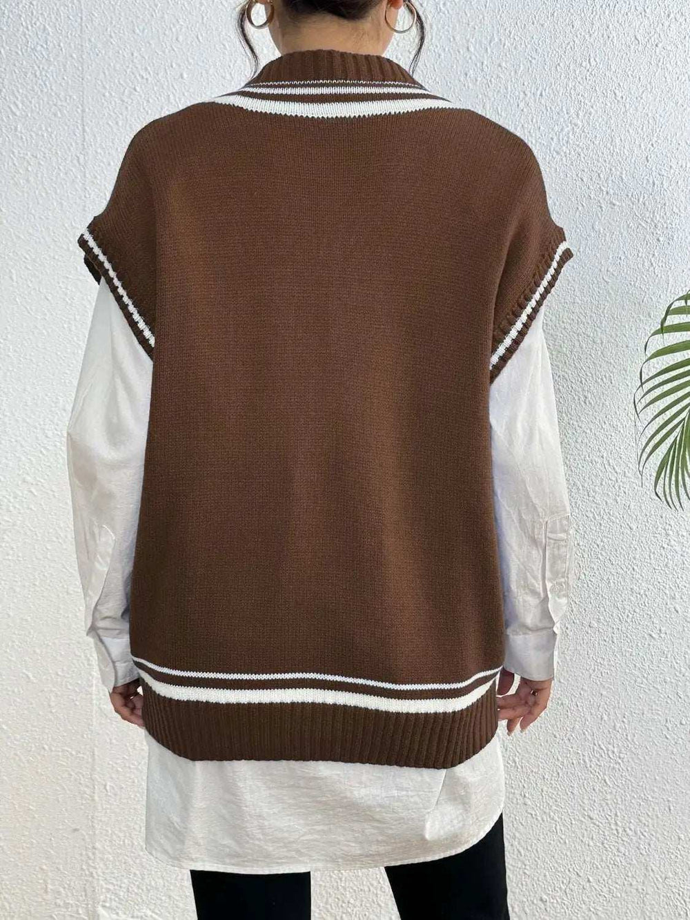 Pearl Trim Contrast V-Neck Sweater Vest - Trendsi - Flyclothing LLC