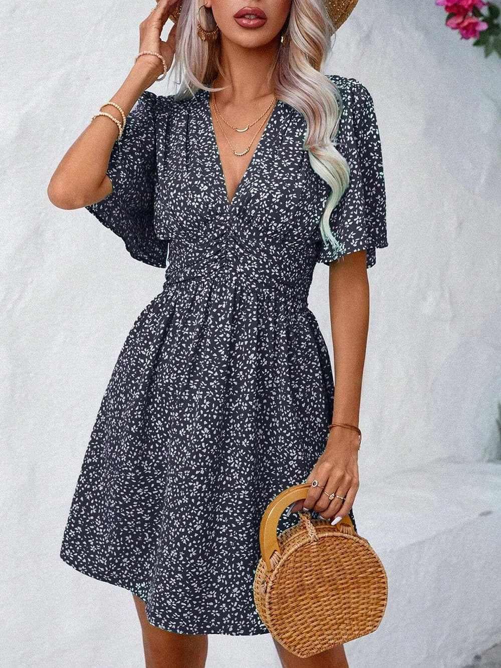 Printed V-Neck Half Sleeve Mini Dress - Trendsi - Flyclothing LLC