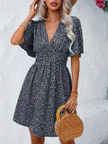 Printed V-Neck Half Sleeve Mini Dress - Trendsi - Flyclothing LLC