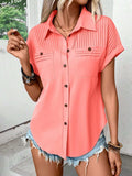 Pleated Detail Collared Neck Short Sleeve Shirt - Trendsi - Flyclothing LLC