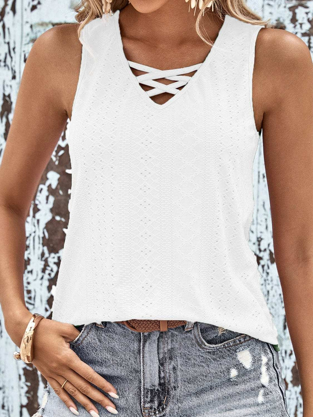 Eyelet Wide Strap Tank - Trendsi - Flyclothing LLC