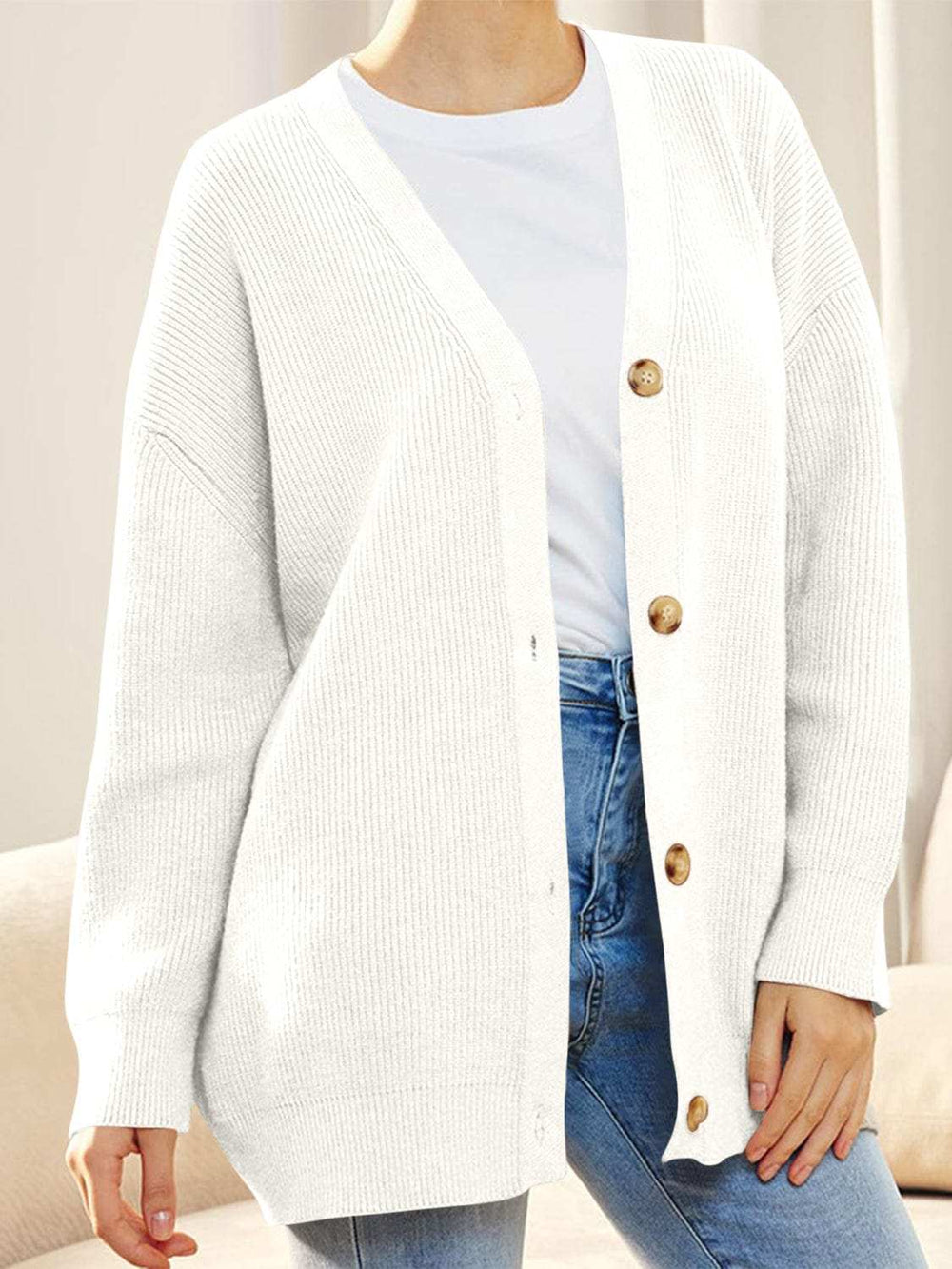 Button Down V-Neck Long Sleeve Cardigan - Trendsi - Flyclothing LLC