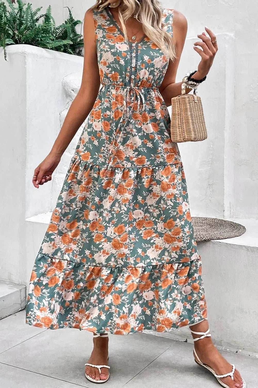 Floral Print Trimmed V Neck Tie Waist Sleeveless Dress - Trendsi - Flyclothing LLC