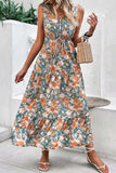 Floral Print Trimmed V Neck Tie Waist Sleeveless Dress - Trendsi - Flyclothing LLC