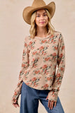 BiBi Floral Print Washed Waffle Thermal Top with Thumb - Trendsi - Flyclothing LLC