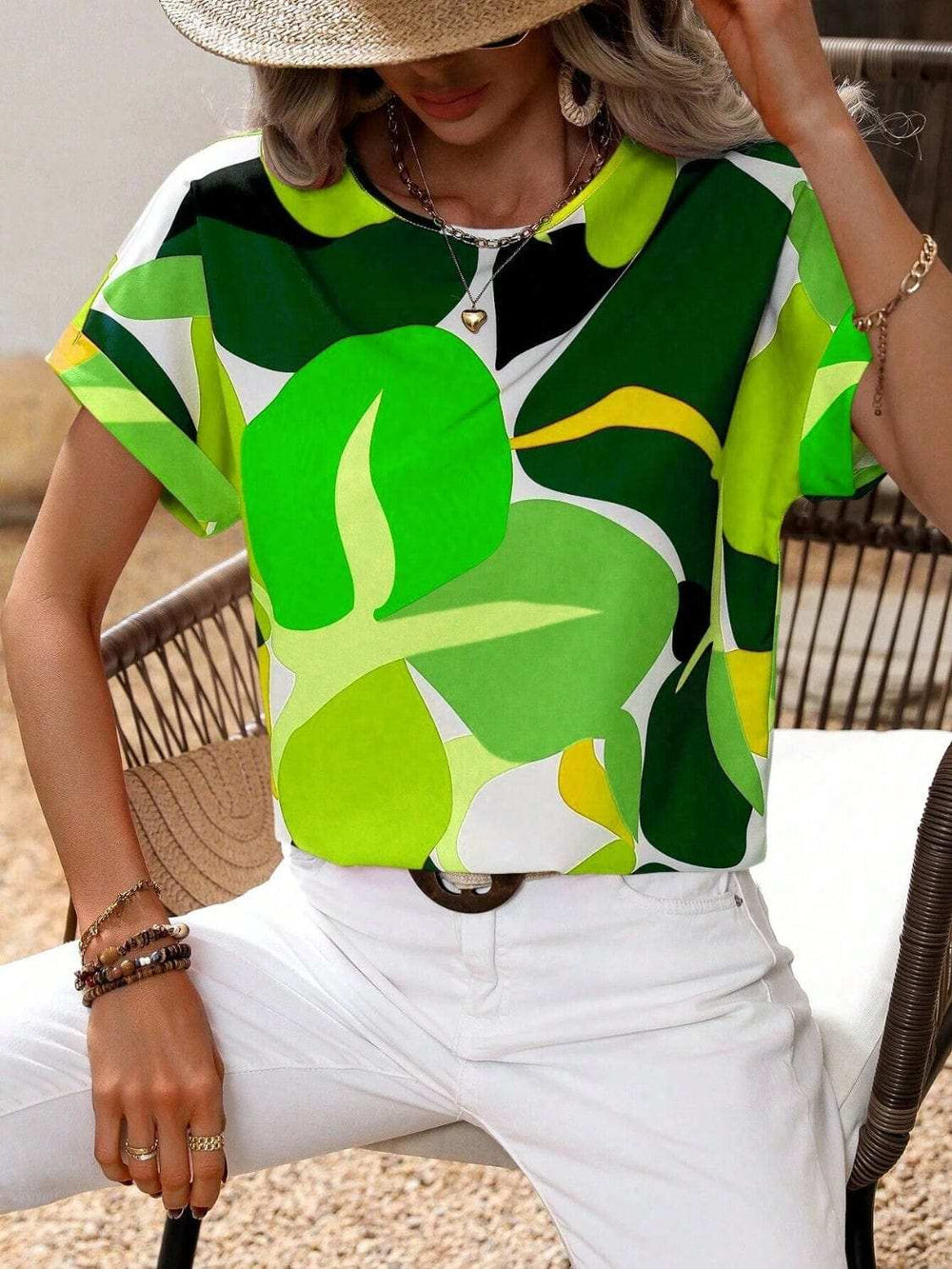 Contrast Round Neck Short Sleeve Blouse - Trendsi - Flyclothing LLC