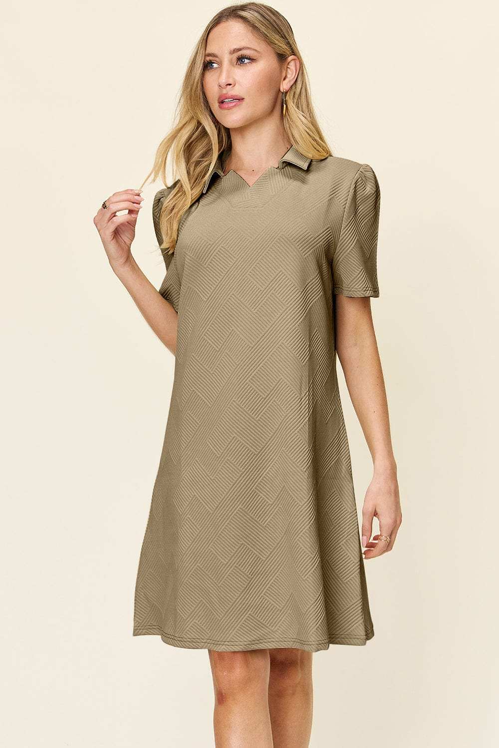 Double Take Full Size Texture Collared Neck Short Sleeve Dress - Trendsi - Flyclothing LLC