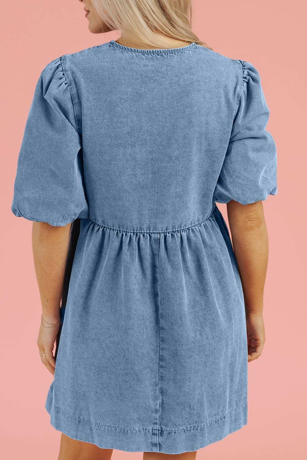 Bowknot Round Neck Half Sleeve Denim Dress - Trendsi - Flyclothing LLC