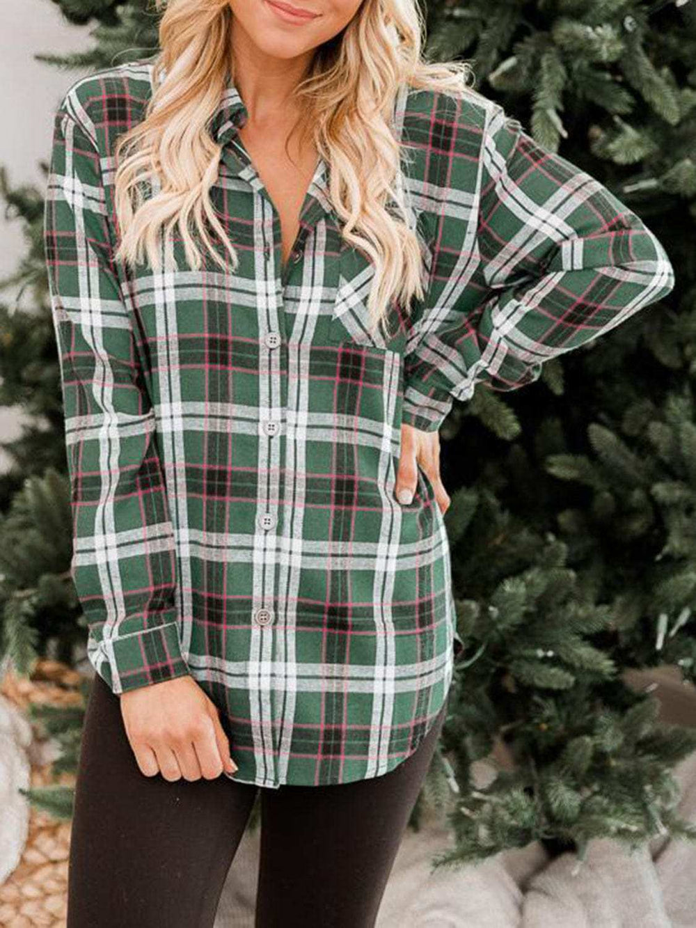 Plaid Collared Neck Long Sleeve Shirt - Trendsi - Flyclothing LLC