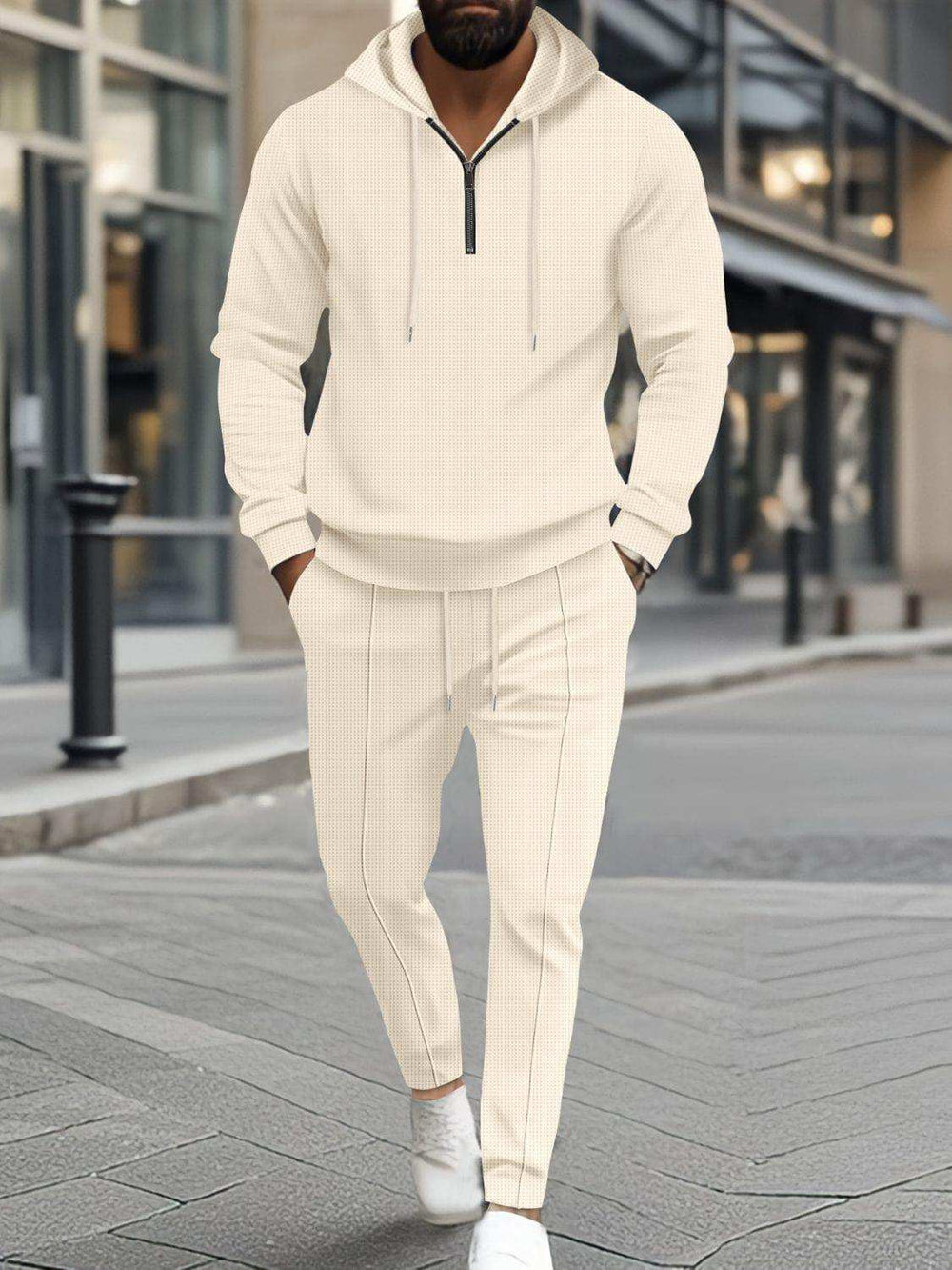 Men's Full Size Waffle-Knit Half Zipper Hoodie and Pants Set Plus Size - Trendsi - Flyclothing LLC