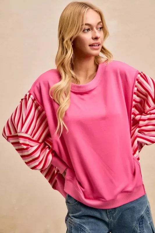 BiBi French Terry Stripe Combo Sweatshirt with Open Seam - Trendsi - Flyclothing LLC
