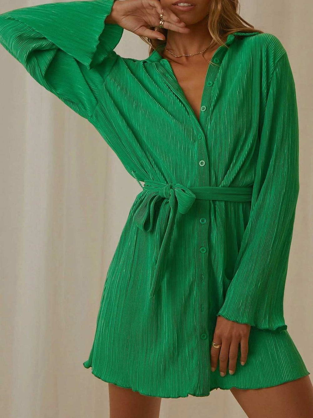 Tied Button Up Long Sleeve Dress - Trendsi - Flyclothing LLC
