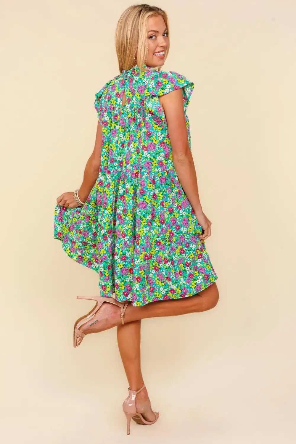 Haptics Frilled Mock Neck Ditsy Floral Dress - Trendsi - Flyclothing LLC