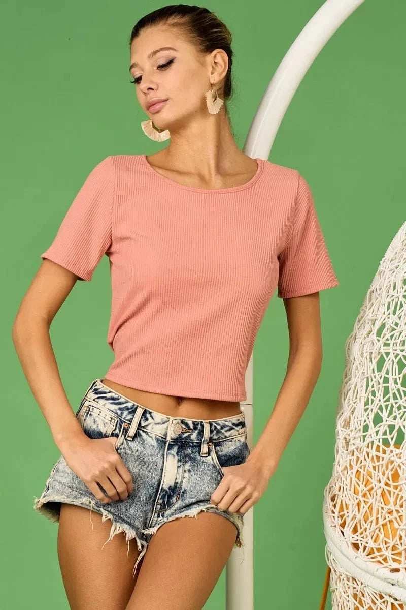 BiBi Rib Knit with Back Cross and Tied Detailed Top - Trendsi - Flyclothing LLC