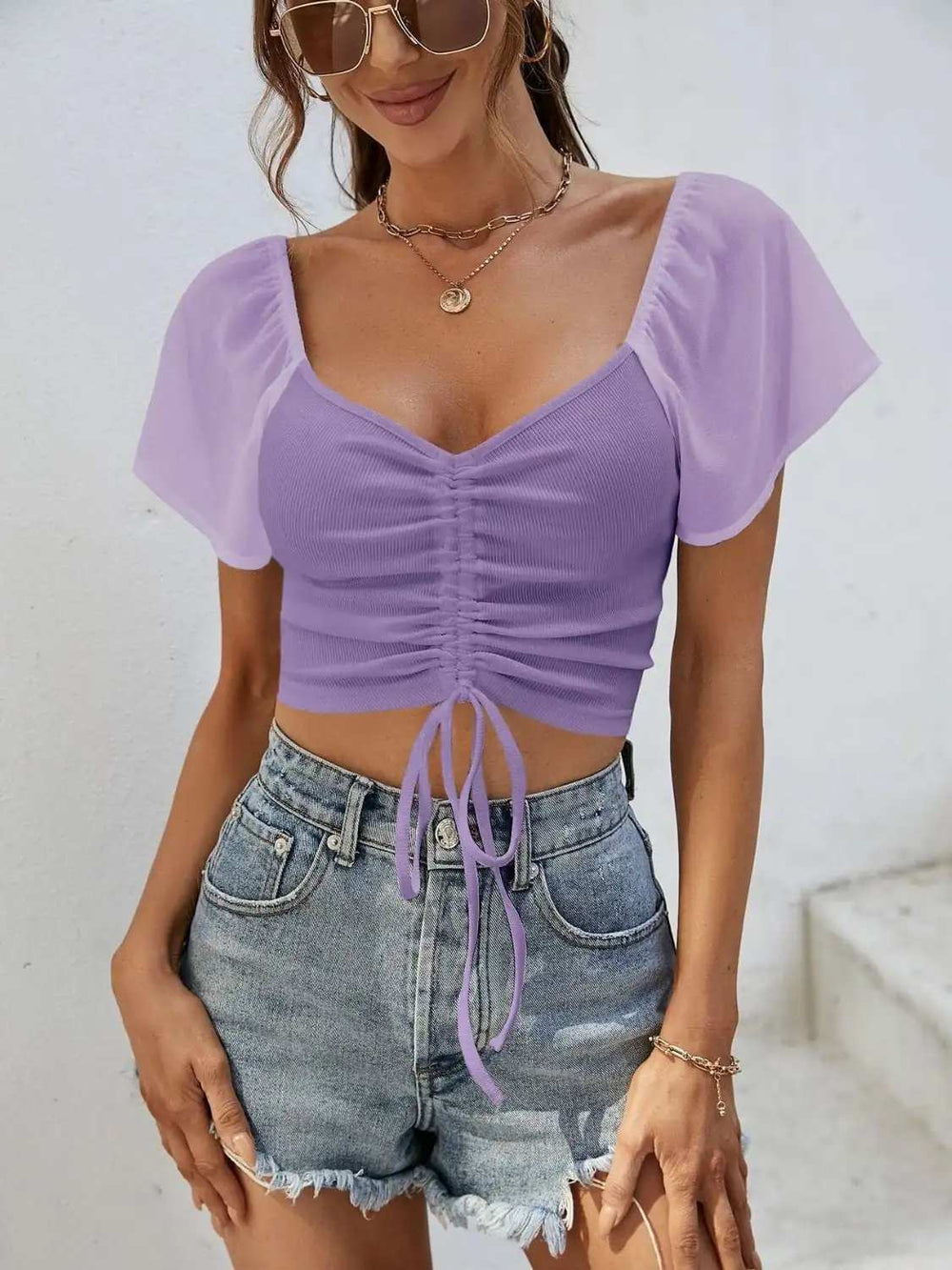 Drawstring Short Sleeve Crop Top - Trendsi - Flyclothing LLC
