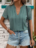 Lace Detail Notched Short Sleeve T-Shirt - Trendsi - Flyclothing LLC