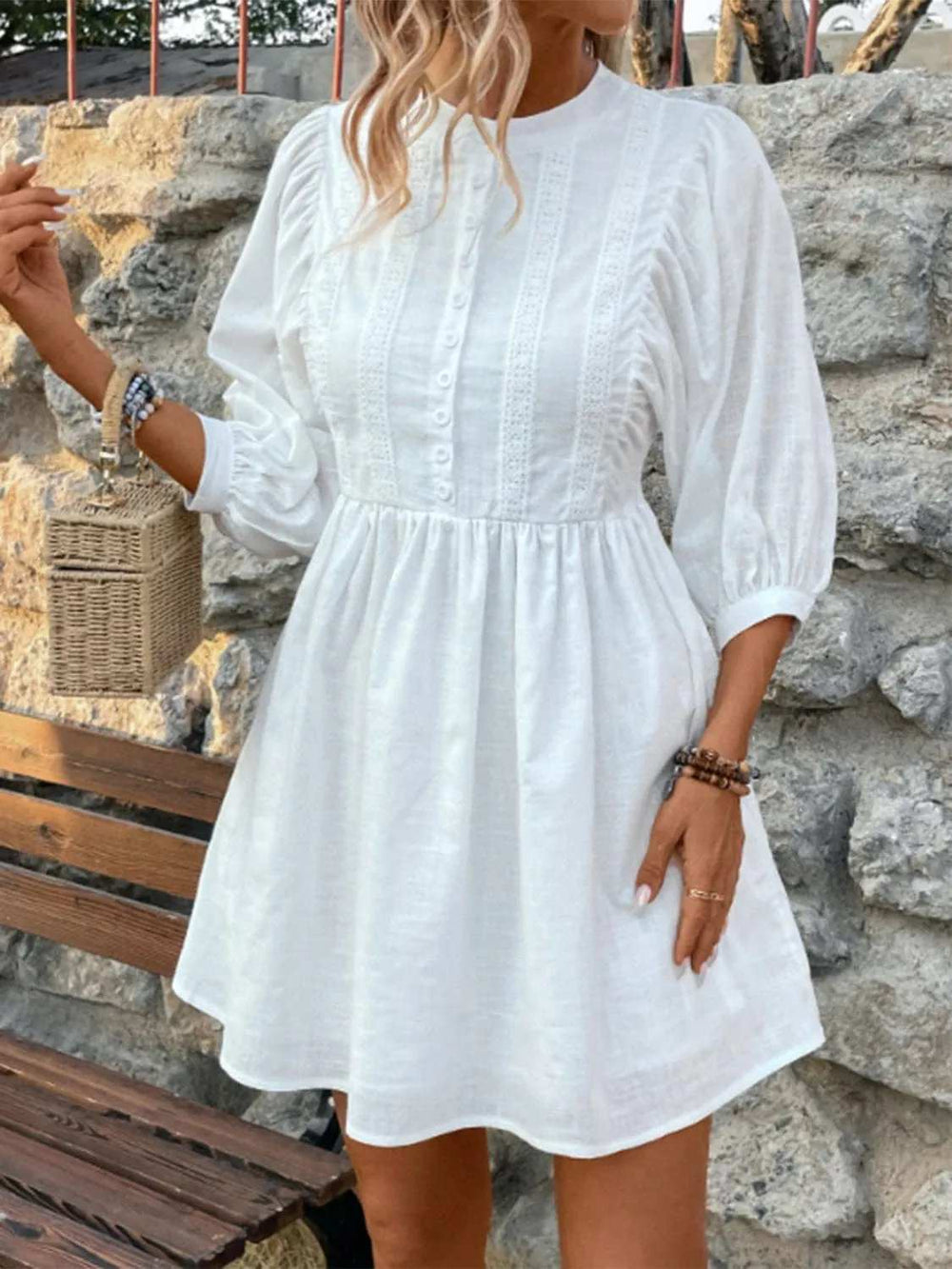 Lace Detail Half Button Three-Quarter Sleeve Dress - Trendsi - Flyclothing LLC