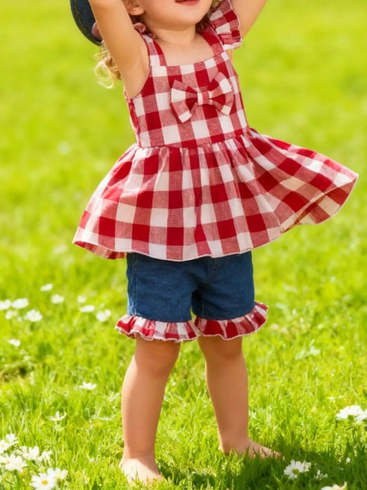 Children's Gingham Bowknot Ruffle Trim Top and Shorts Set - Trendsi - Flyclothing LLC