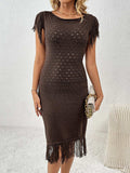Fringe Openwork Boat Neck Knit Dress - Trendsi - Flyclothing LLC