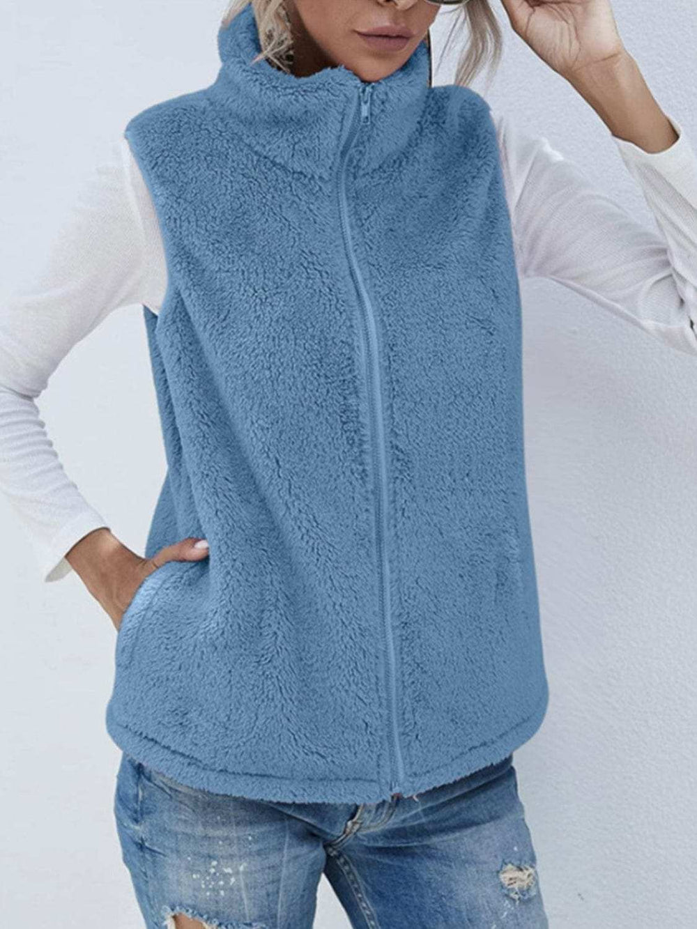 Full Size Fuzzy Zip Up Vest Coat with Pockets - Trendsi - Flyclothing LLC