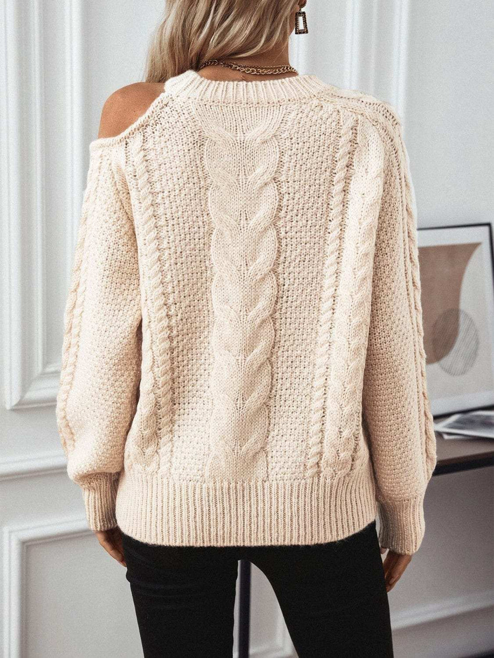 Cable Knit Round Neck Cold Shoulder Sweater - Trendsi - Flyclothing LLC