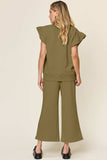 Double Take Texture Ruffle Short Sleeve Top and Drawstring Wide Leg Pants Set - Trendsi - Flyclothing LLC