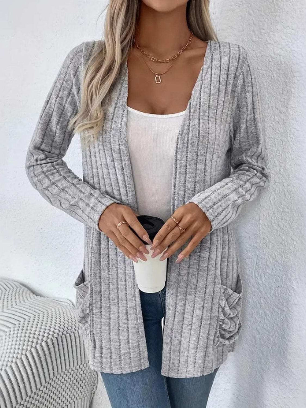 Ribbed Open Front Long Sleeve Cardigan with Pockets - Trendsi - Flyclothing LLC