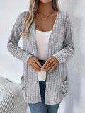 Ribbed Open Front Long Sleeve Cardigan with Pockets - Trendsi - Flyclothing LLC