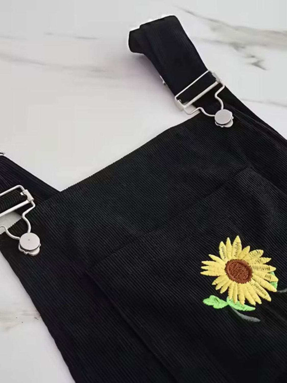 Embroidered Sunflower Wide Strap Overalls with Pockets - Trendsi - Flyclothing LLC