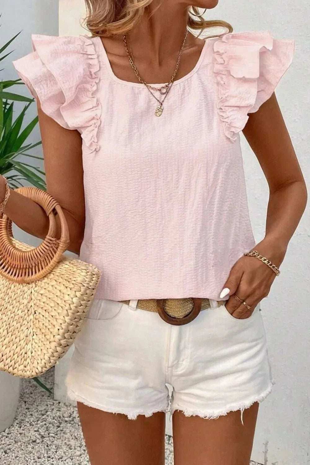 Textured Bow Knot Frilled Butterfly Sleeve Blouse - Trendsi - Flyclothing LLC