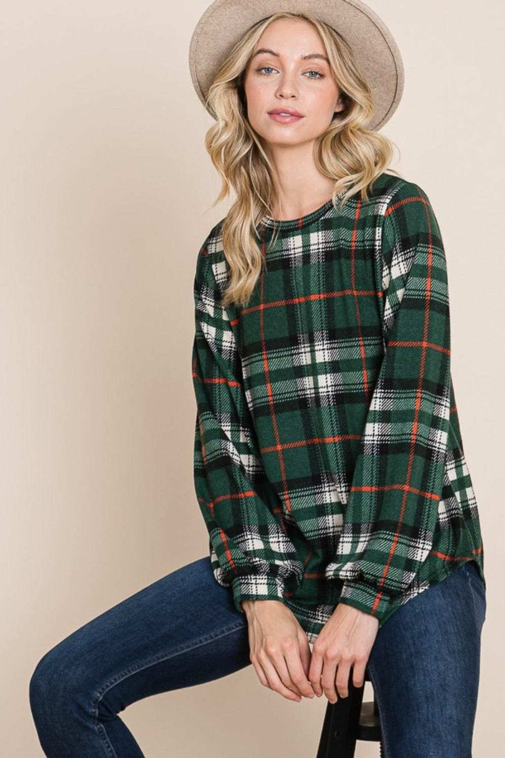 BOMBOM Curved Hem Plaid Round Neck Long Sleeve Top - Trendsi - Flyclothing LLC