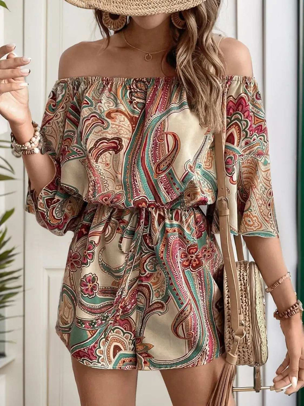 Printed Off Shoulder Half Sleeve Romper - Trendsi - Flyclothing LLC
