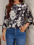 Printed Round Neck Three-Quarter Sleeve Blouse - Trendsi - Flyclothing LLC