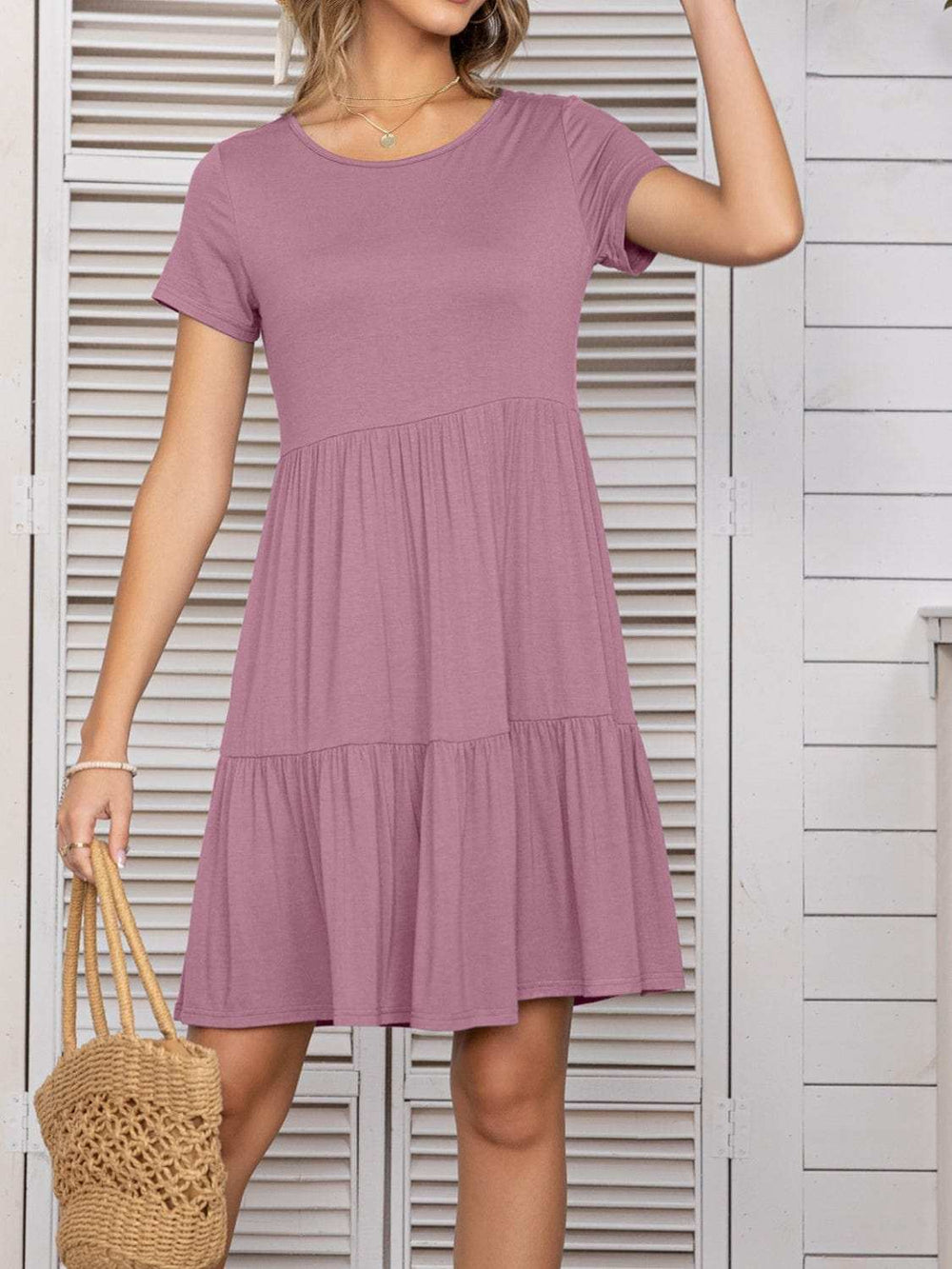 Round Neck Short Sleeve Mini Tee Dress - Trendsi - Flyclothing LLC
