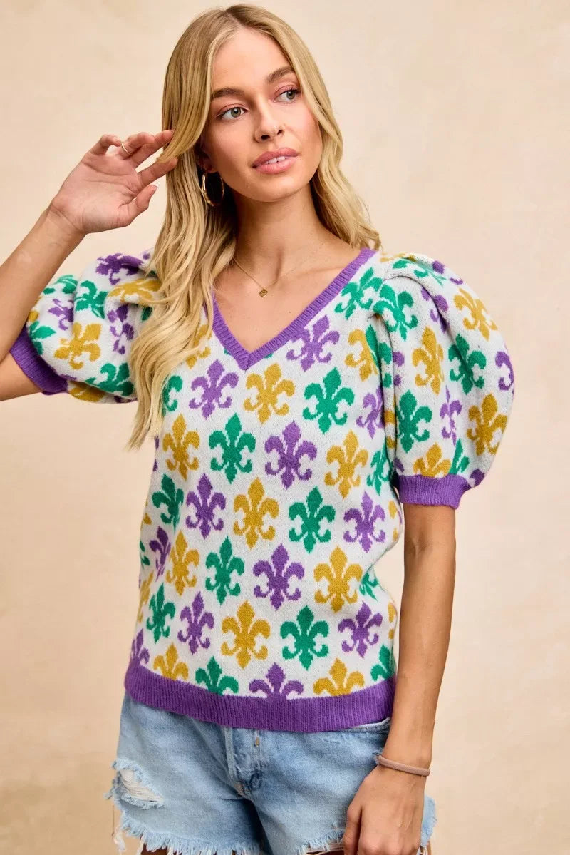 BiBi Mardi Gras Fleur De Lis Patterned V Neck Knit Top - Trendsi - Flyclothing LLC