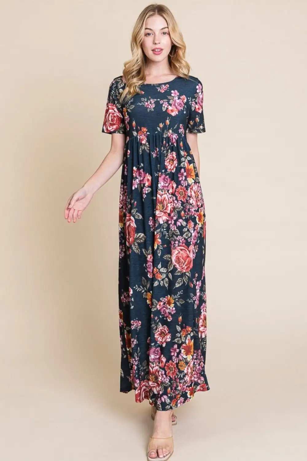 BOMBOM Floral Short Sleeve Maxi Dress - Trendsi - Flyclothing LLC