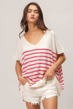 BiBi V Neck Striped Short Sleeve Top - Trendsi - Flyclothing LLC