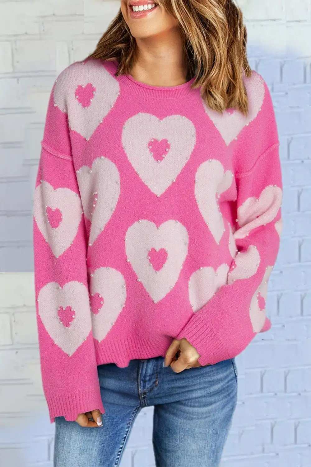 Pearl Detail Heart Round Neck Long Sleeve Sweater - Trendsi - Flyclothing LLC