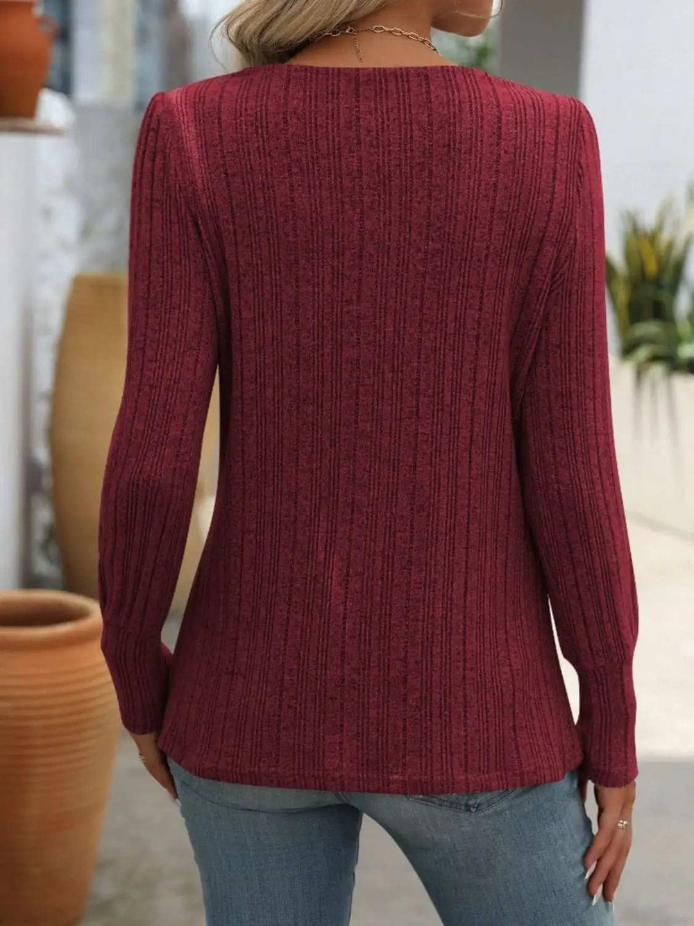 Decorative Button Striped Square Neck Long Sleeve T-Shirt - Trendsi - Flyclothing LLC