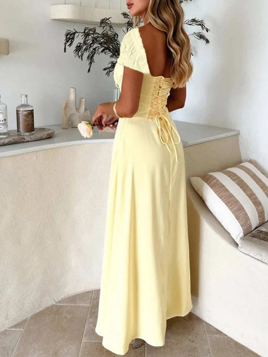 Devine Sweetheart Neck Short Sleeve Maxi Dress - Trendsi - Flyclothing LLC