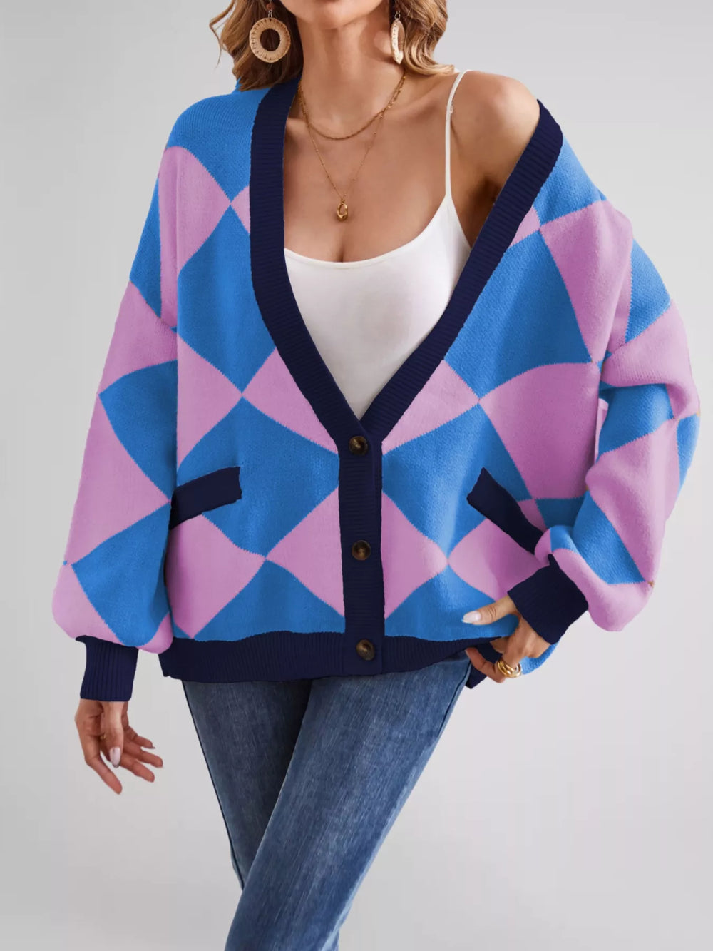Diamond Pattern Button-Up Knit Cardigan - Trendsi - Flyclothing LLC