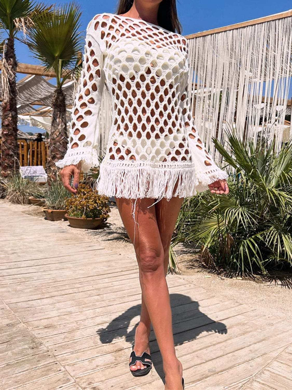 Fringe Cutout Long Sleeve Cover Up - Trendsi - Flyclothing LLC