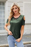 Sequin Cold Shoulder Short Sleeve Blouse - Trendsi - Flyclothing LLC