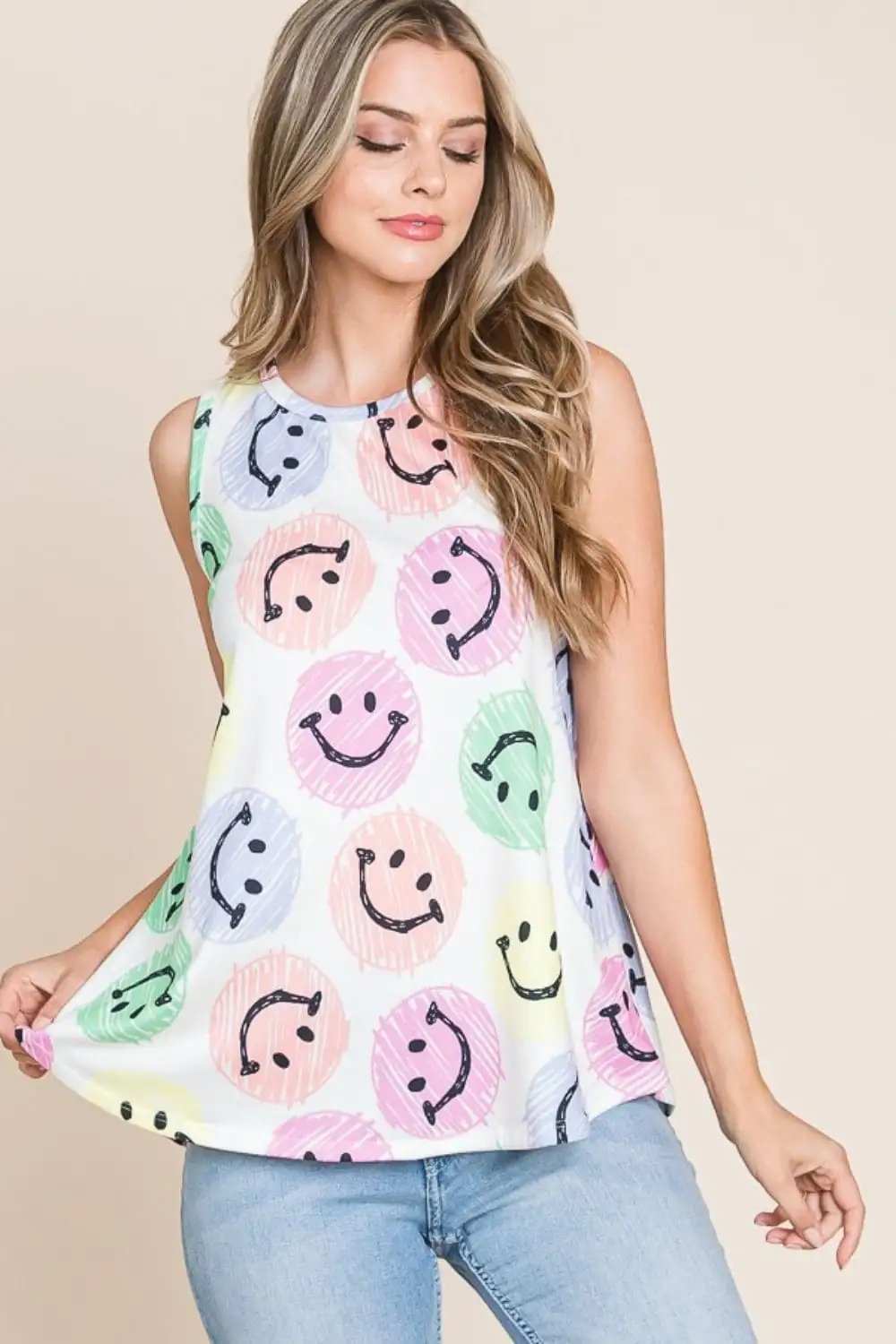 BOMBOM Smiley Face Round Neck Tank - Trendsi - Flyclothing LLC