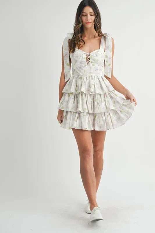 MABLE Floral Print Shoulder Tie Layered Mini Dress - Trendsi - Flyclothing LLC